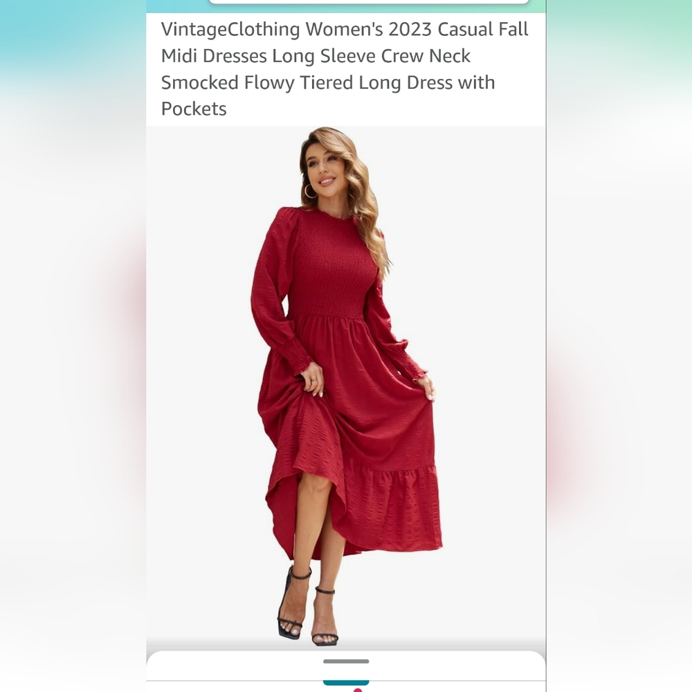 Red Long Sleeve Flowy Tiered Long Dress w Pockets Medium